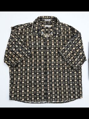 Pierre Cardin Men's XL 100% Cotton Short Sleeve Button-Up Shirt Black/Beige